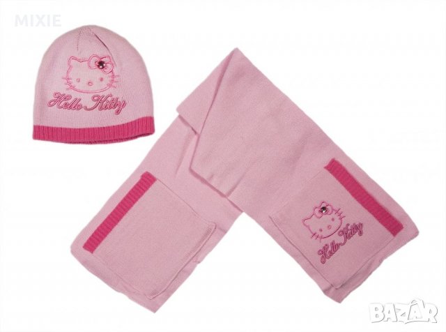 Нов детски комплект шапка и шал HELLO KITTY, екрю и розов цвят, снимка 1 - Шапки, шалове и ръкавици - 23527034