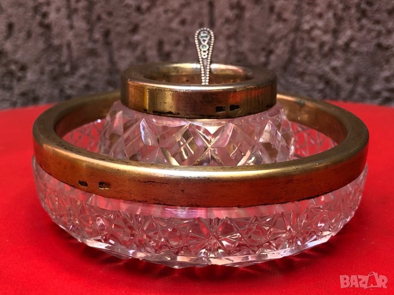 Прибор за черен хайвер от кристал и сребро-СССР, снимка 1