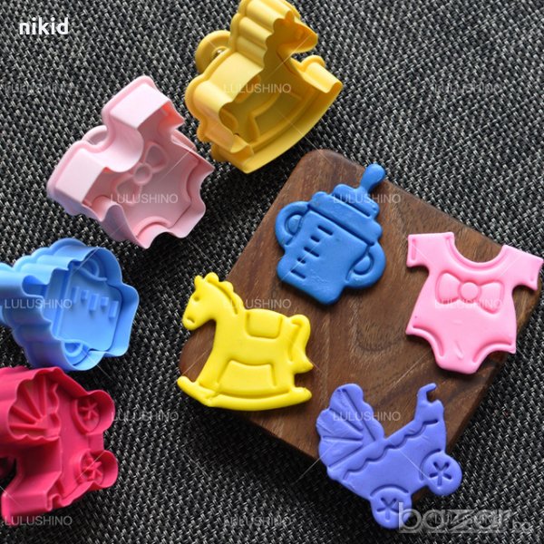 4 бр резци бебешки количка конче биберон боди резец за украса фондан декор торта бутало форма, снимка 1