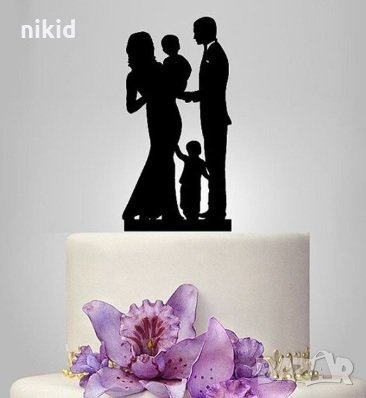 Семейство с 2 деца сватбен черен твърд топер украса табела за торта сватба декор украса, снимка 1