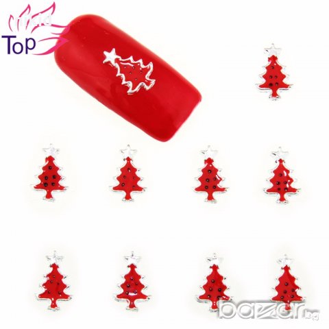 коледна елха златна червена зелена с камъчета бижу за нокти декорация украса за маникюр