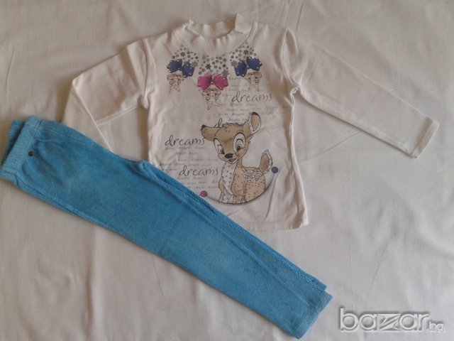 Бяла блузка със сърничка и кадифен светло син клин, снимка 1 - Детски Блузи и туники - 16338737