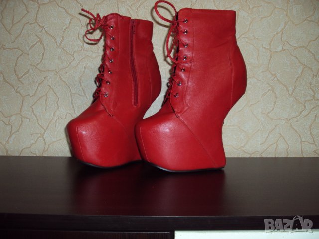 Дамски червени кожени боти на висок ток 16см-тип копито, снимка 2 - Дамски боти - 23181646