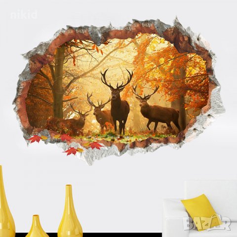 3D стена в дупка Елени в гора дървета стикер лепенка за стена, снимка 1 - Други - 21620848