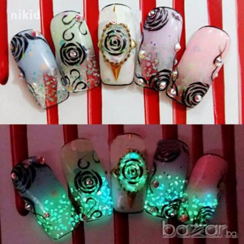 3D светеща декорация прах пудра за нокти маникюр светещ на тъмно неон флуоресцентен, снимка 2 - Продукти за маникюр - 15357242