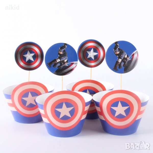 2 вид Captain America Капитан Америка 12 бр топери и кошнички украса декорация за мъфини кексчета , снимка 1