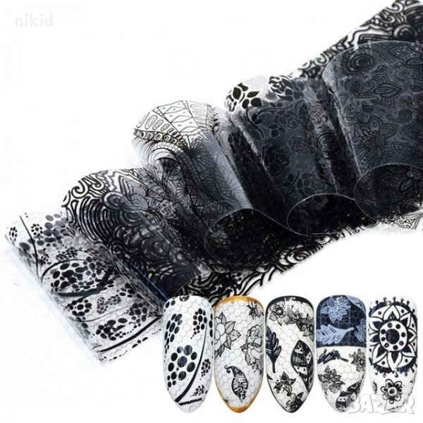 16 бр цветя и др черни различни декорация декоративно фолио лента трансфер за нокти маникюр, снимка 1