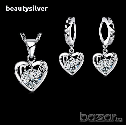Комплект Love със сребърно покритие обеци и колие Проба 925, код 1509
