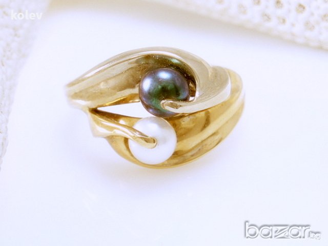 Златен пръстен с черна и бяла перла 4.32 грама, размер №54, снимка 7 - Пръстени - 11214114