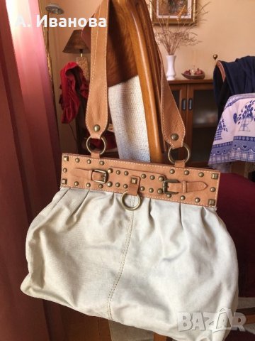 Дамска чанта от естествена кожа и лен, снимка 4 - Чанти - 24574286