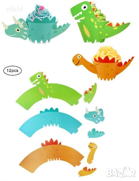 Динозаври 12 бр топера топери и кошнички украса декорация за мъфини кексчета торта и парти, снимка 1