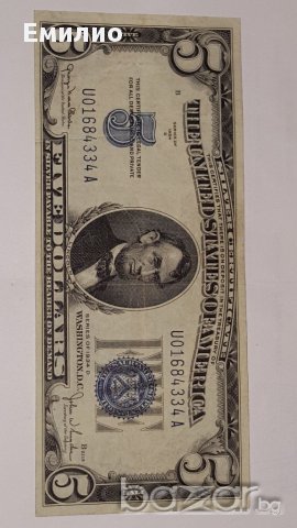 $ 5 Dollars Silver Certificate 1934 D Block U A, снимка 1 - Нумизматика и бонистика - 16685033