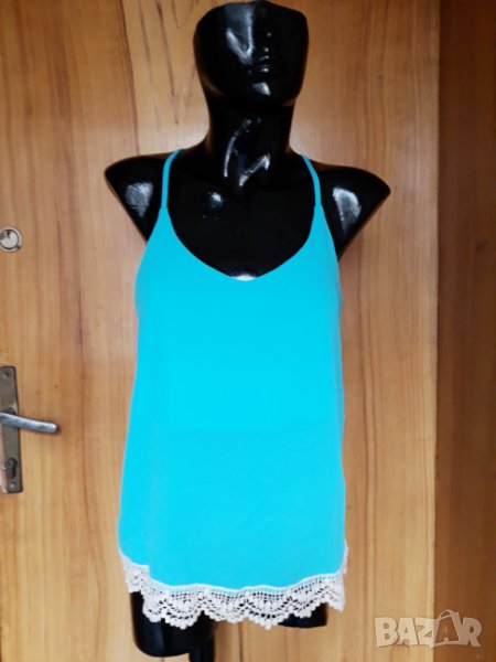 Небесно син потник с гол гръб и бяла дантела С/М, снимка 1