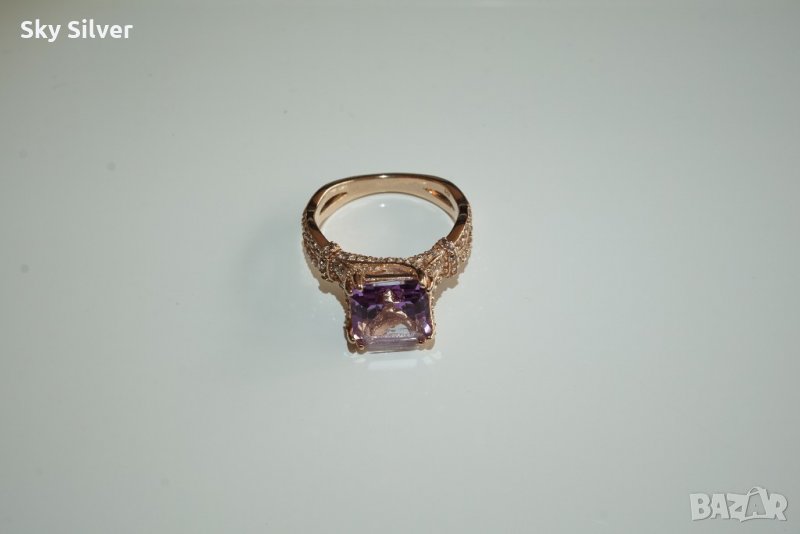Сребърен пръстен с естествен лилав аметист и розова позлата, снимка 1