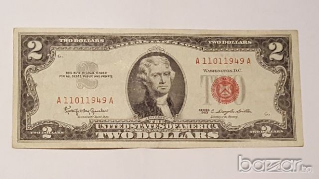 $ 2 DOLLARS RED SEAL 1963 Birthday Note 11.01.1949, снимка 4 - Нумизматика и бонистика - 20021655
