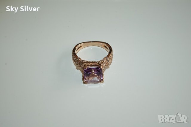 Сребърен пръстен с естествен лилав аметист и розова позлата, снимка 1