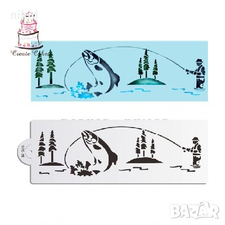 Риба Рибар Риболов стенсил шаблон спрей за торта украса кекс декорация с пудра захар и боя