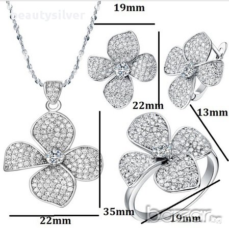 Сребърни обеци, колие и пръстен с малки бели Цирконий, код 1275, снимка 2 - Бижутерийни комплекти - 12019031