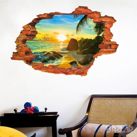 3D  Пейзаж скалист плаж море и палма през стена дупка лепенка за стена стикер самозалепващ, снимка 2 - Други - 22003507