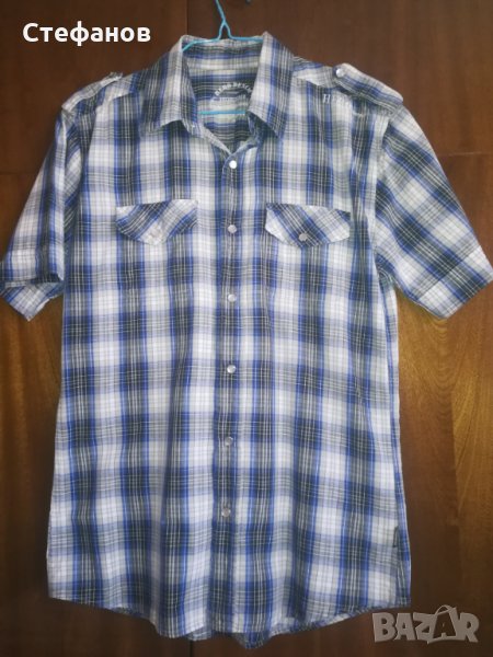 Мъжка риза с къс ръкав синьо и черно на каре, снимка 1