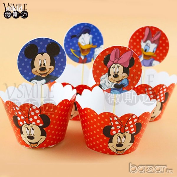 Мини Мики Маус Доналд Дък и Дейзи 12 бр топери и кошнички украса декорация за мъфини кексчета парти, снимка 1