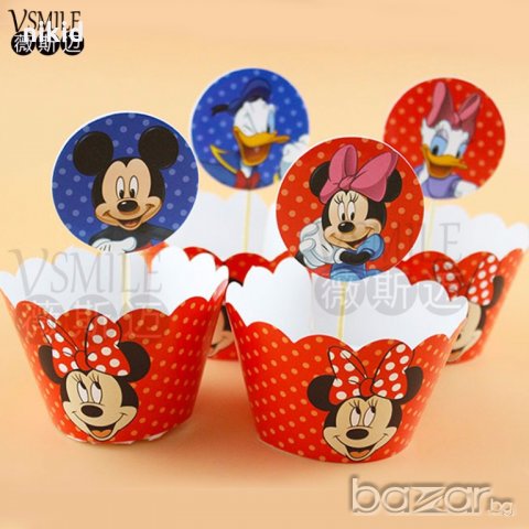 Мини Мики Маус Доналд Дък и Дейзи 12 бр топери и кошнички украса декорация за мъфини кексчета парти