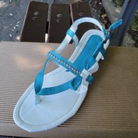 Нови кокетни синьо-бели кожени дамски сандали / летни обувки "Free Sun", естествена кожа, чехли, снимка 11 - Сандали - 18759237