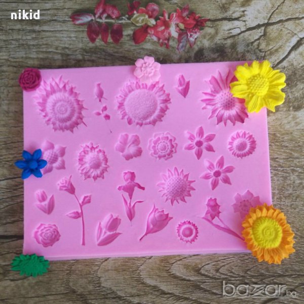 голям силиконов молд форма цветя лале зюмбюл роза слънчоглед маргаритка фондан шоколад торта украса , снимка 1