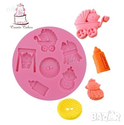 6 бебешки копче количка шише люлка силиконов молд форма декор торта сладки фондан и др. украса