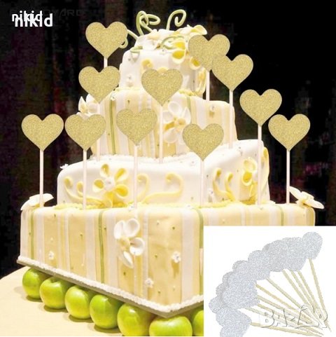 10 бр златни сребърни сърца с брокат топери украса декорация мъфини парти торта мъфини и др, снимка 1