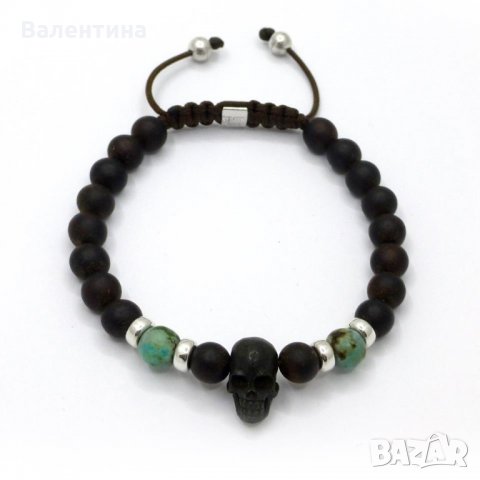 НАМАЛЕНА! Гривна от мъниста от дърво, африкански тюркоаз, череп от рог и сребърни елементи+ ПОДАРЪК, снимка 2 - Гривни - 22650913