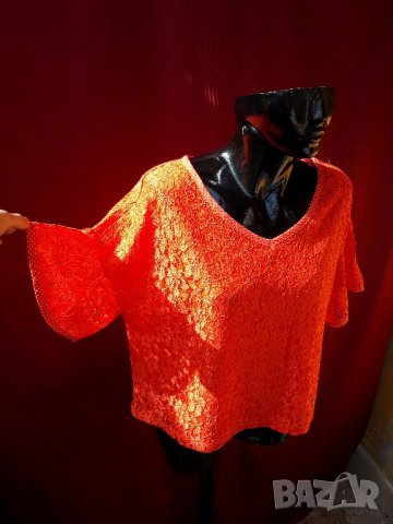 Оранжева непрозрачна блуза с дантела ХЛ, снимка 2 - Тениски - 21575610