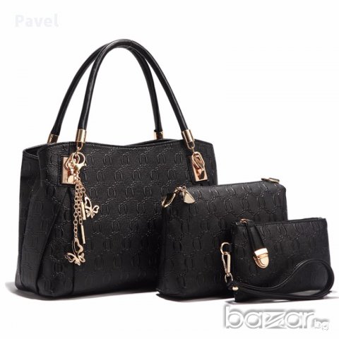 Нов модел луксозна дамска чанта от еко кожа - Модерен Сет комплект в Бяло и Черно , снимка 1