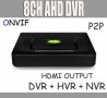 960h 4/8 Kaнала Хибриден Ahd DVR Hvr Nvr HDMI Onvif P2p за Ip мрежови и Аналогови Охранителни Камери, снимка 1 - Камери - 9531516