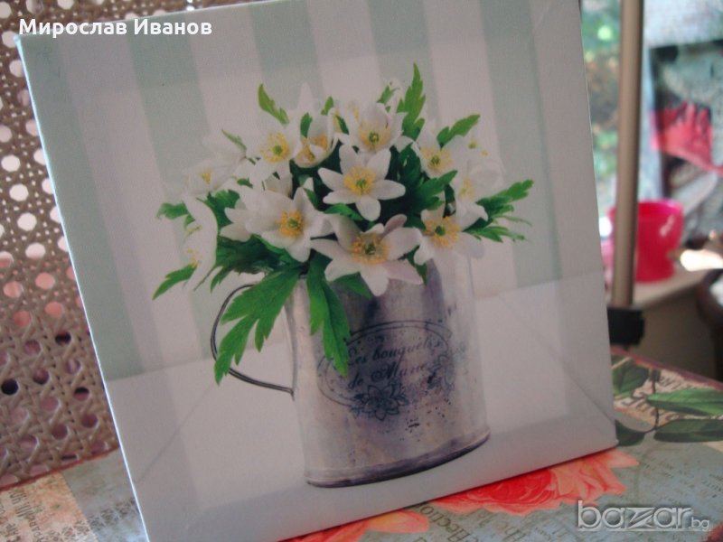 " Букет бели цветя в метален съд " - картина пано, снимка 1