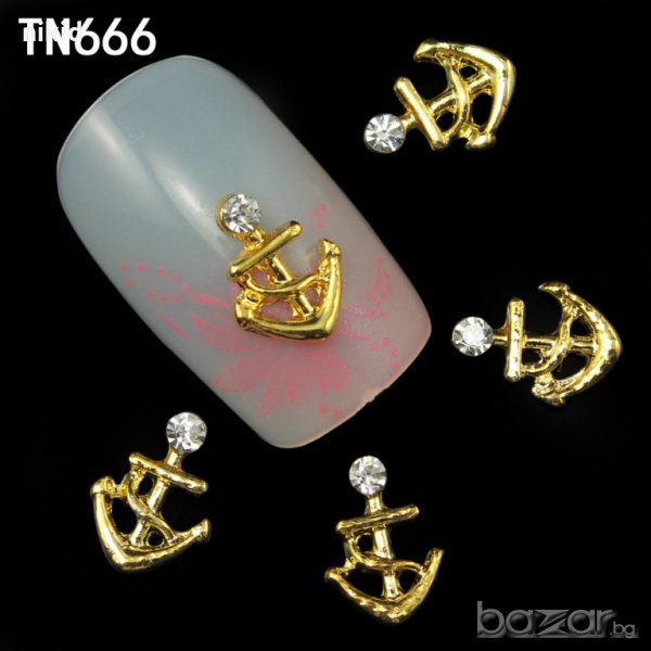 морска котва ЗЛАТИСТА СРЕБРИСТА с камъче бижу за нокти декорация украса за маникюр, снимка 1