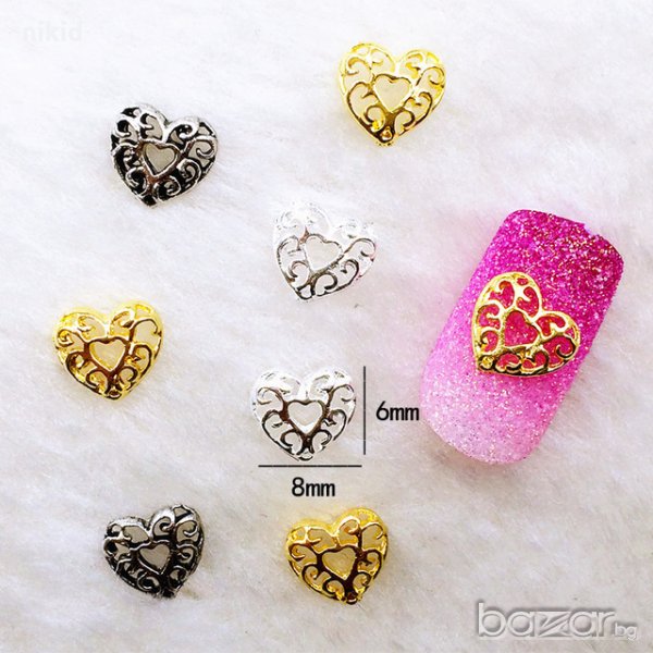 златни сръбърни сърца с декор дупка сърце бижу за нокти декорация украса за маникюр, снимка 1
