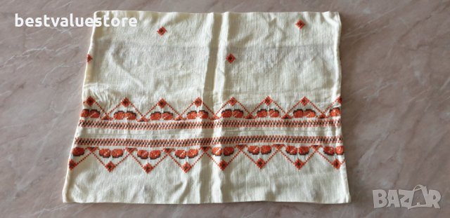 Кафяво-бяло-оранжева Памучна Ръчно Бродирана Калъфка За Възглавница 56-42см