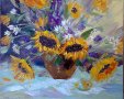 Картина цветя, слънчогледи, маслени бои, платно, шпакла