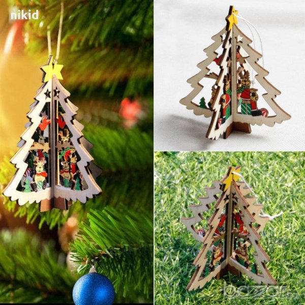 3D Коледна елха дървена  дърво лазер принт на въже декорация за дома и повод, снимка 1