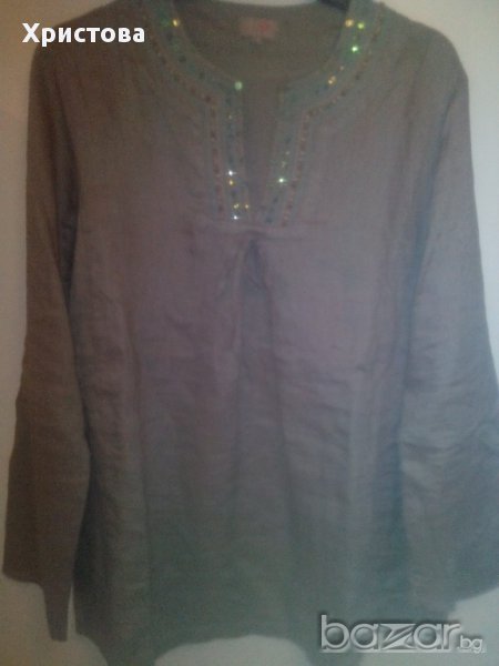 Бежова ленена туника с деколте с пайети., снимка 1