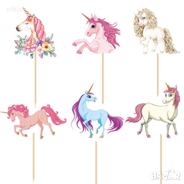 24 бр 6 вида Еднорог топер топери клечки декорация за сладки мъфини парти, снимка 1