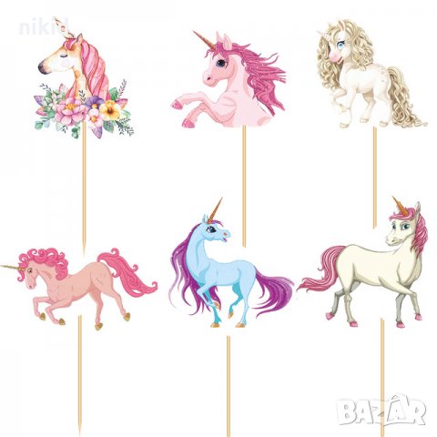 24 бр 6 вида Еднорог топер топери клечки декорация за сладки мъфини парти