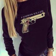 ХИТ! Дамска блуза FASHION KILLER с пистолет принт! Поръчай модел с ТВОЯ идея!, снимка 1 - Блузи с дълъг ръкав и пуловери - 12102043
