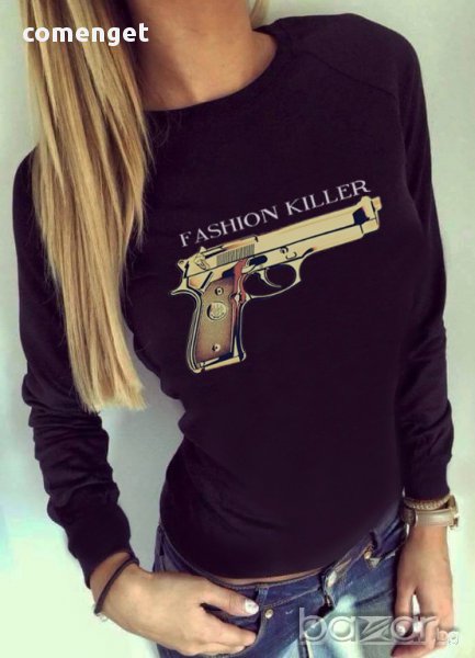ХИТ! Дамска блуза FASHION KILLER с пистолет принт! Поръчай модел с ТВОЯ идея!, снимка 1