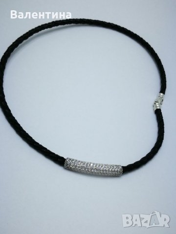Лусксозна дамска 2 в 1 черна двойна кожена гривна/ гердан със сребърен елемент и цирконий + ПОДАРЪК, снимка 4 - Гривни - 22264634