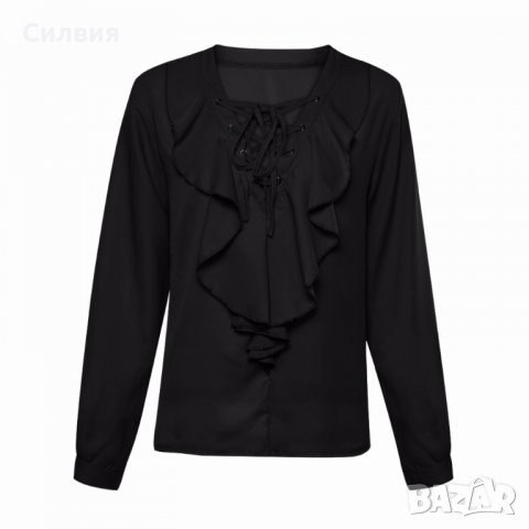 Черна блуза шифон, снимка 2 - Ризи - 24253063