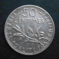 Монета Франция - 50 Sentimes 1917 - Сребърна, снимка 1 - Нумизматика и бонистика - 20869654