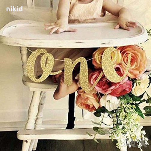 ONE 1 годинка мек златист брокатен банер надпис гирлянд  украса декор рожден ден парти , снимка 1