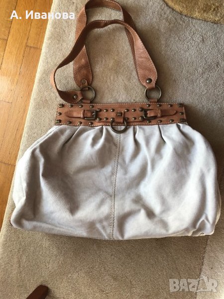 Дамска чанта от естествена кожа и лен, снимка 1